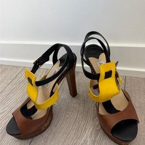 Jimmy Choo Yellow Black Brown Leather Platform Sandals with Bold Strap Detail